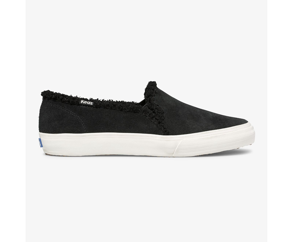 Womens Keds Slip Ons - Double Decker Suede Faux Shearling - Black - 7964-CBXJL